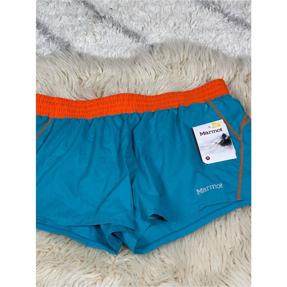Marmot Teal Workout Shorts with Bright Orange Waistband